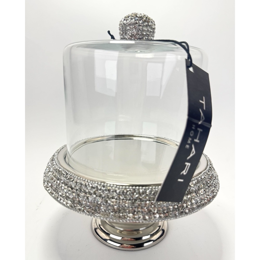 TAHARI Silver & Rhinestone w/ Tall Glass Dome Cake/Dessert/Cheese Stand/Cloche